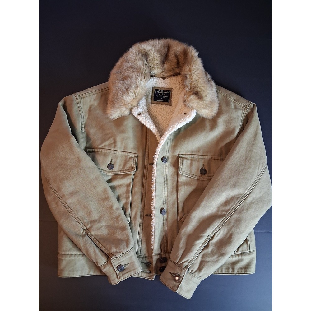 Abercrombie & Fitch Utility Jacket Women Large Army Green Cropped Sherpa Lined
